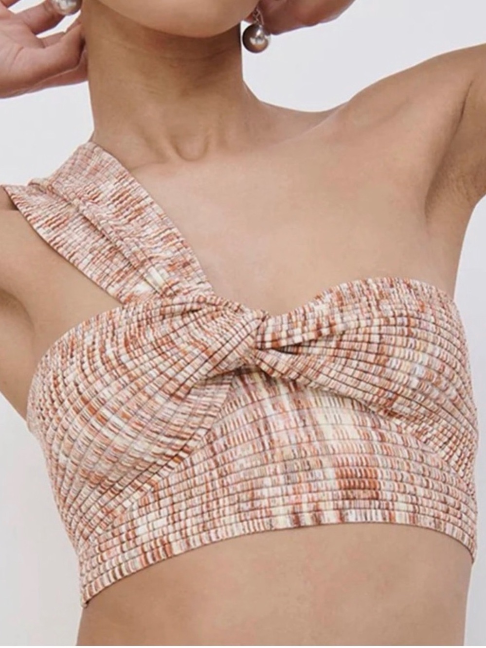 Jonathan Simkhai One-Shoulder Twist Crop Top in Beige Multi